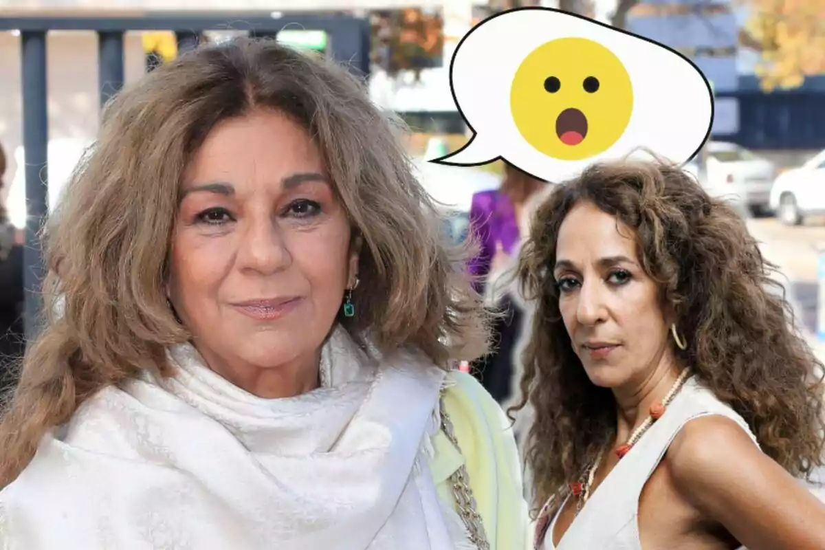 Lolita Flores i Rosario Flores amb cabell arrissat posen a l'aire lliure, una té un globus de diàleg amb un emoji sorprès.