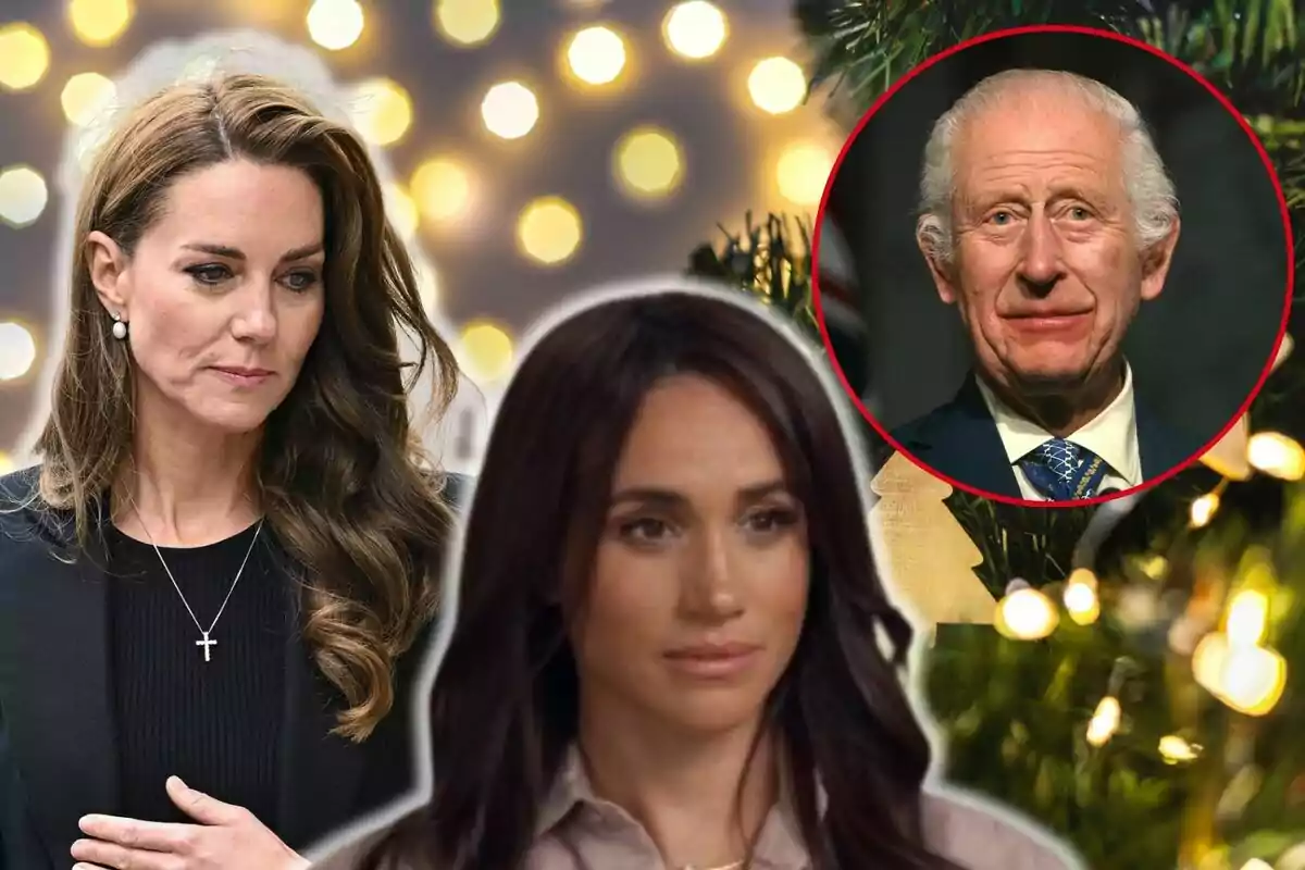 Kate Middleton, Meghan Markle i Carles III en un muntatge fotogràfic amb llums de fons i un arbre de Nadal.