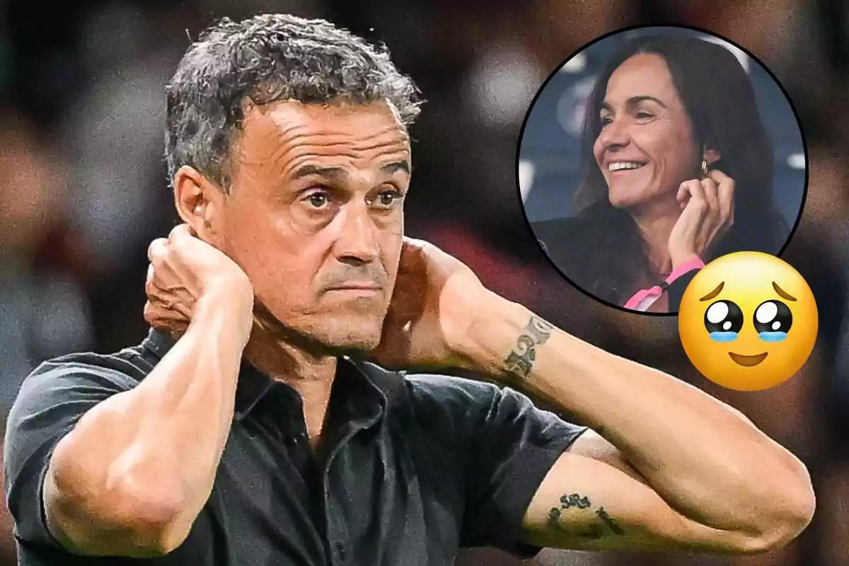 Luis Enrique amb expressió seriosa tocant-se el coll mentre a la cantonada superior dreta apareix el rostre somrient d’Elena Cullell emmarcat en un cercle al costat d’un emoji de carona amb ulls plorosos.