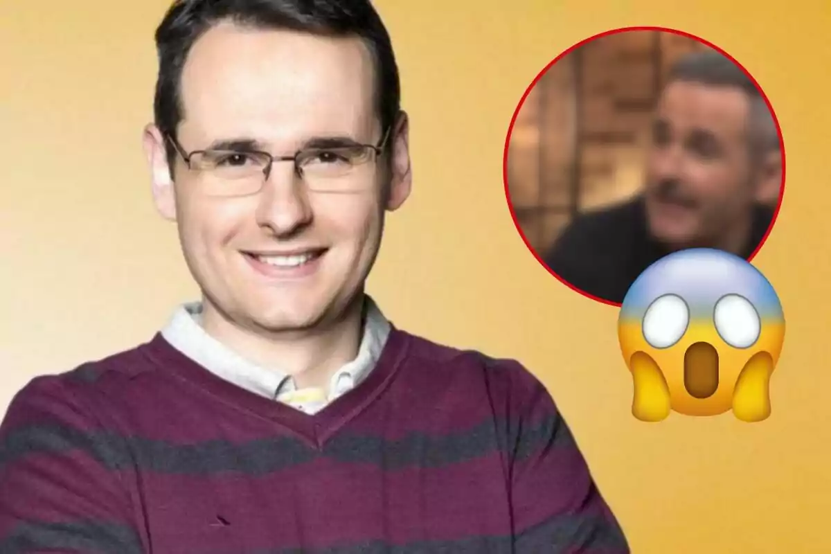 Luis Miguel Segui amb ulleres somriu davant d'un fons groc, amb un cercle vermell que mostra una imatge borrosa d'una altra persona i un emoji de sorpresa.