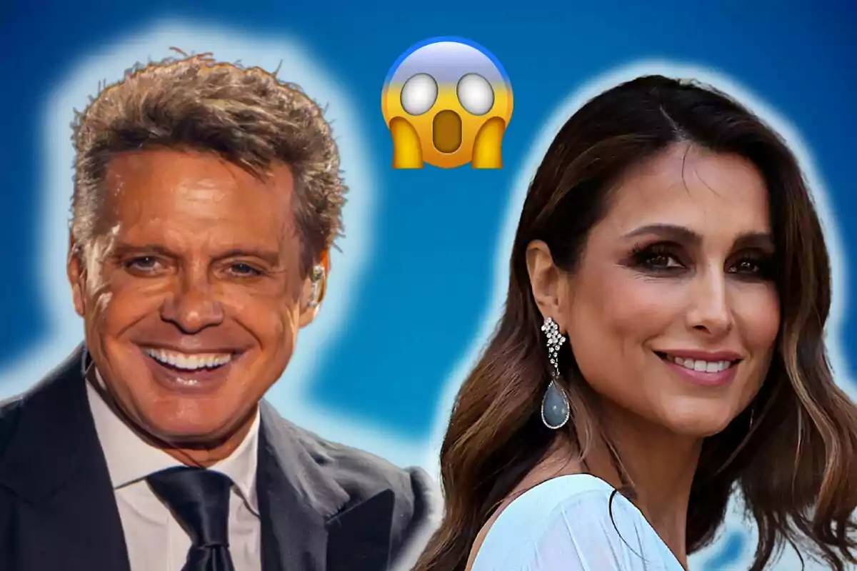 Luis Miguel i Paloma Cuevas somrients amb un emoji sorprès al centre sobre un fons blau.