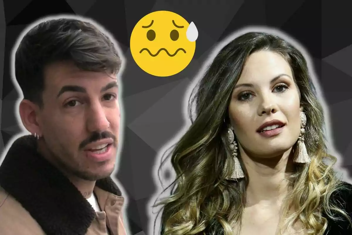 Luitingo i Jessica Bueno amb una emoji de cara preocupada sobre un fons geomètric fosc.