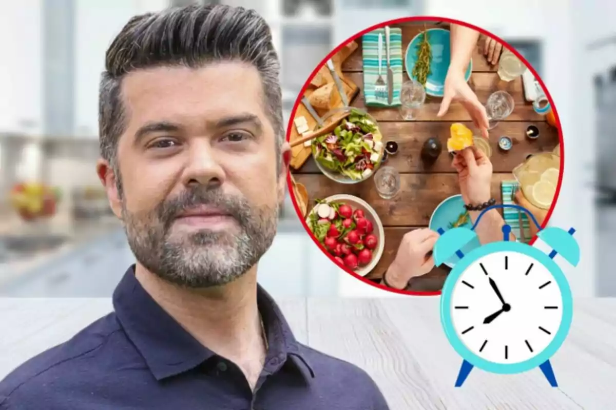 Un hombre con barba y cabello oscuro está frente a una imagen circular de una mesa con comida y un reloj azul. Un hombre con barba y cabello oscuro está frente a una imagen circular de una mesa con comida y un reloj azul.