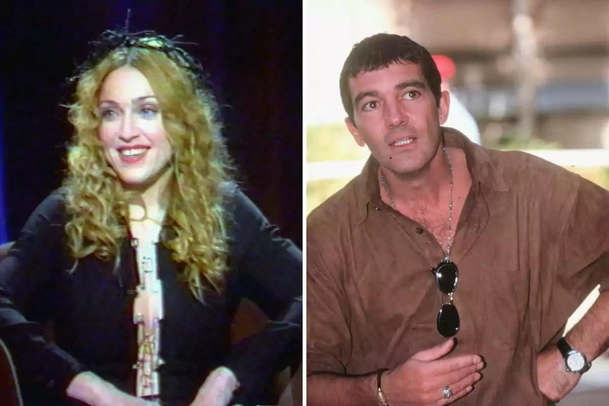 Madonna i Antonio Banderas en diferents escenaris, una dona de cabell ros arrissat i somrient i un home de cabell curt amb camisa marró i ulleres penjades al pit Madonna i Antonio Banderas en diferents escenaris, una dona de cabell ros arrissat i somrient i un home de cabell curt amb camisa marró i ulleres penjades al pit