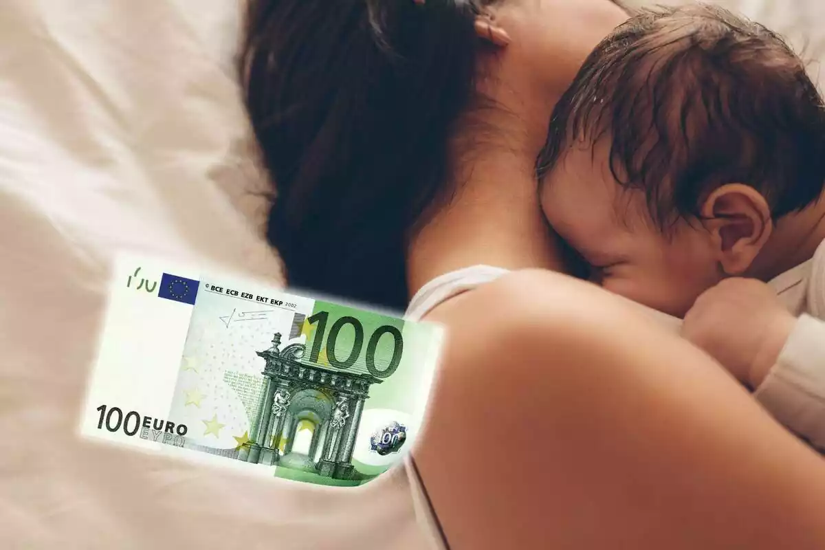 Muntatge d'una mare amb el nadó i un bitllet de 100 euros