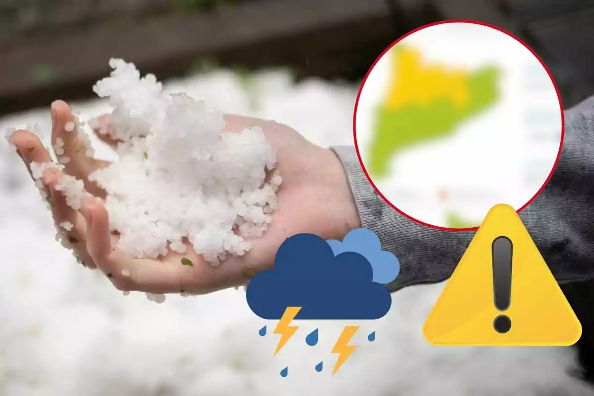 Una mà sosté calamarsa mentre es mostra un mapa borrós en un cercle vermell i s'hi inclouen icones de tempesta i advertència. Una mà sosté calamarsa mentre es mostra un mapa borrós en un cercle vermell i s'hi inclouen icones de tempesta i advertència.