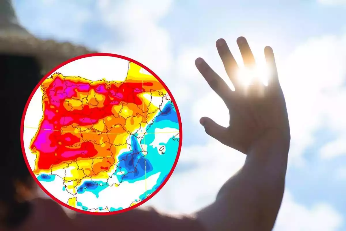 Muntatge amb una persona tapant el sol amb la mà i un cercle amb el mapa de temperatures de l'AEMET