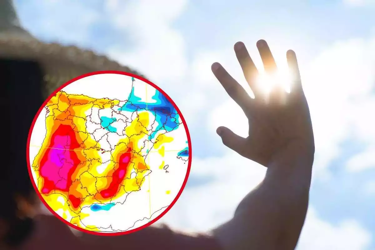 Muntatge amb una persona tapant el sol amb la mà i un cercle amb el mapa de temperatures màximes de dijous, 22 de juny, de l'AEMET.