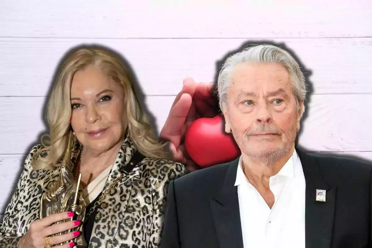 Bárbara Rey i Alain Delon posant davant d'un fons de fusta blanca, una dona amb jaqueta d'estampat de lleopard i un home amb vestit negre i camisa blanca.