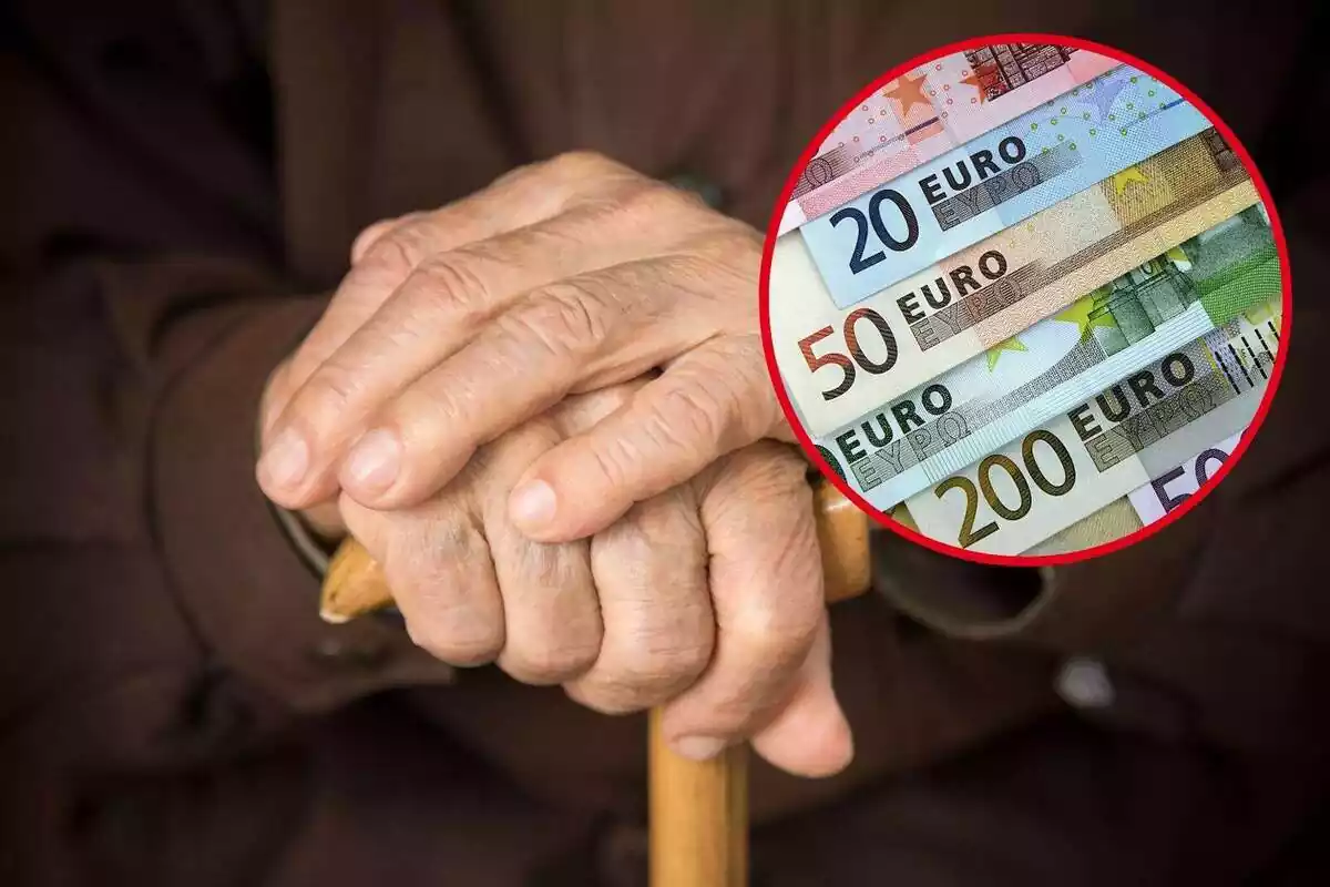 Muntatge amb mans d'una persona gran i un cercle amb diversos bitllets d'euro