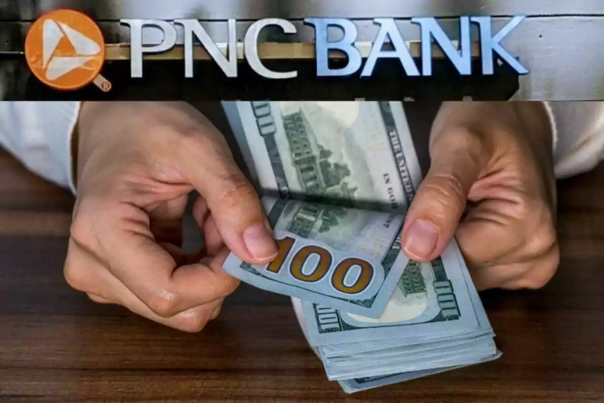 Un letrero de un banco y manos contando billetes de cien dólares. Un letrero de un banco y manos contando billetes de cien dólares.