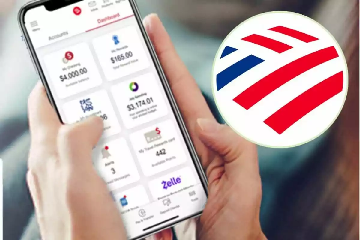 Persona usando una aplicación bancaria en un smartphone con el logo de un banco en la esquina. Persona usando una aplicación bancaria en un smartphone con el logo de un banco en la esquina.