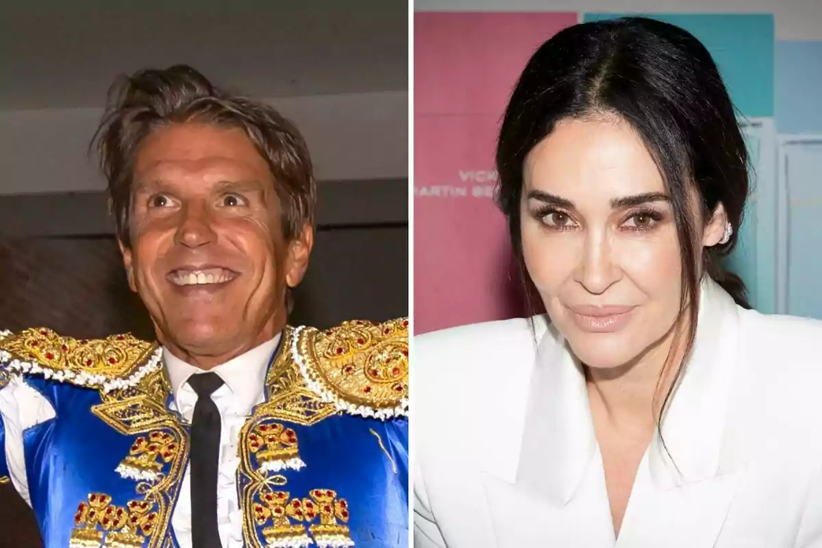 Manuel Díaz i Vicky Martín Berrocal posant en un esdeveniment, una vestida amb un vestit de llums blau i daurat i l'altra amb un vestit blanc. Manuel Díaz i Vicky Martín Berrocal posant en un esdeveniment, una vestida amb un vestit de llums blau i daurat i l'altra amb un vestit blanc.