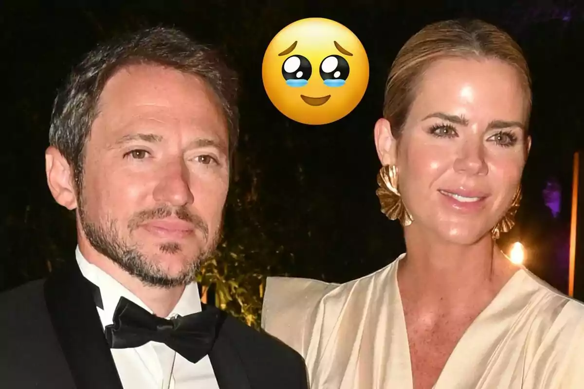 Manuel Martos i Amelia Bono vestida de gala, l'home porta un esmòquing negre i la dona un vestit daurat, amb un emoji de carona emocionada sobre ells.