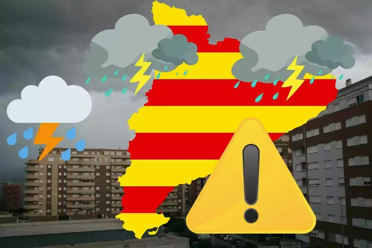 Map of Catalonia with storm symbols and a warning sign on a background of buildings and cloudy sky. Map of Catalonia with storm symbols and a warning sign on a background of buildings and cloudy sky.