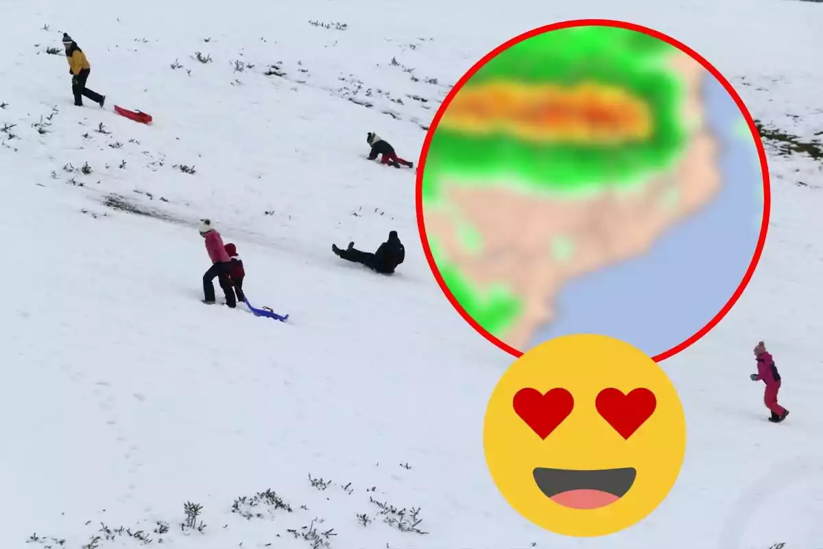 Personas disfrutando de la nieve en una colina con un mapa del clima en un círculo y un emoji sonriente con corazones.