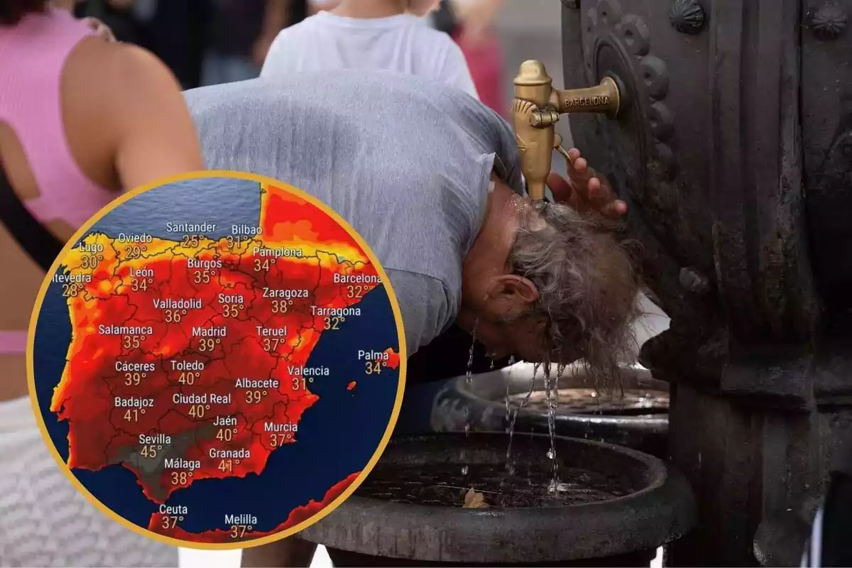Muntatge amb un home mullant el cap en una font al carrer i un cercle amb el mapa d'Espanya amb la temperatura a les principals ciutats del país