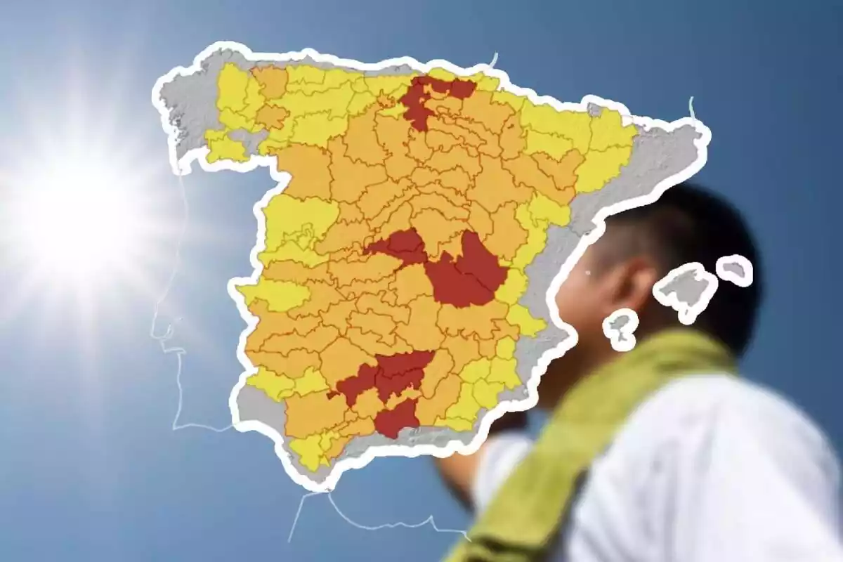 Muntatge amb el mapa d'alerta per altes temperatures a Espanya de dimecres , 9 d'agost, de l'AEMET.