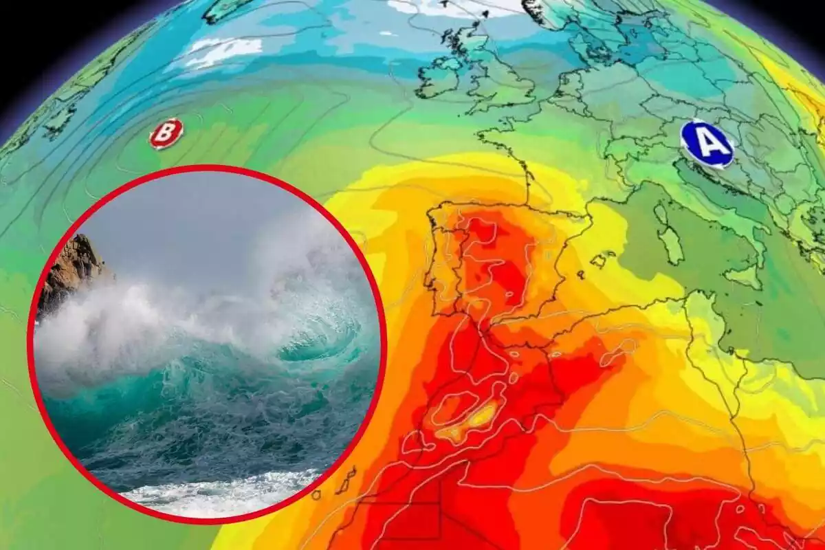 Muntatge amb un mapa de temperatures d'Europa i un cercle amb onades al mar