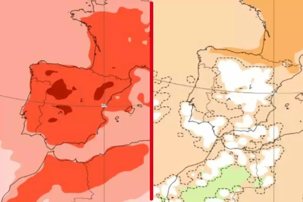 Comparació de dos mapes climàtics de la península Ibèrica i el sud de França amb diferents gammes de colors i una línia vermella vertical al centre separant ambdós mapes