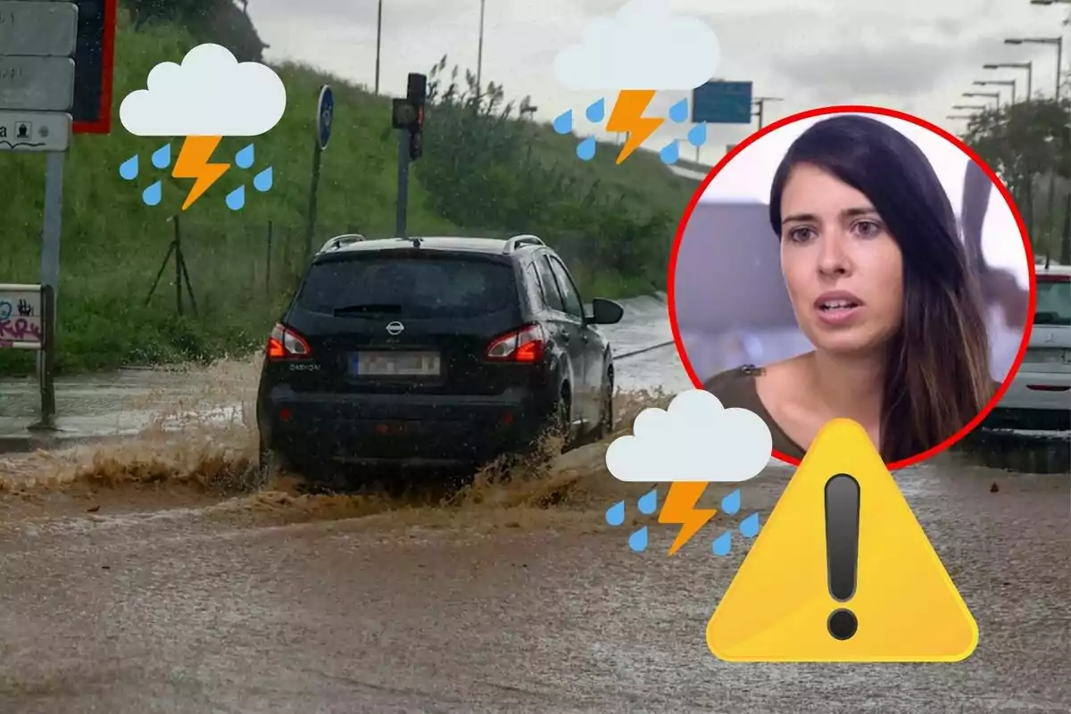 Un coche negro circula por una carretera inundada bajo una fuerte lluvia con iconos de tormenta y advertencia; en un círculo rojo aparece el rostro de una mujer.