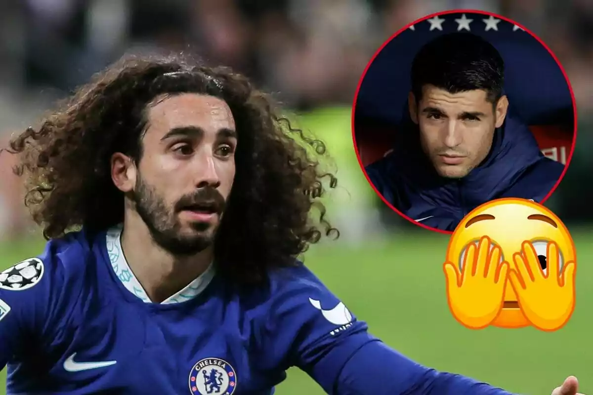 Marc Cucurella amb l'uniforme del Chelsea al camp de joc, amb una imatge d'Álvaro Morata en un cercle vermell a la cantonada superior dreta i un emoji de cara amb mans cobrint els ulls.