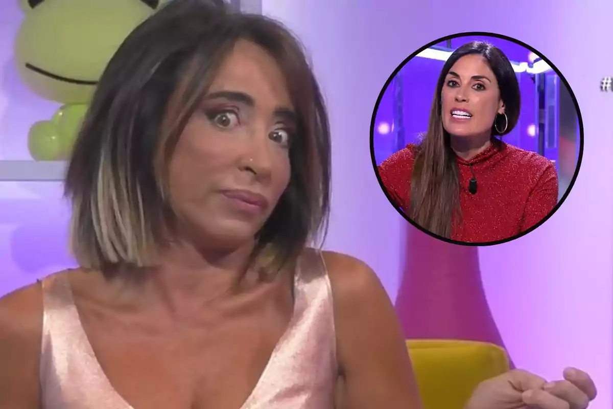 Muntatge de María Patiño, amb expressió sorpresa a 'Ni que fuéramos', i Isabel Rábago, en un cercle parlant a la televisió