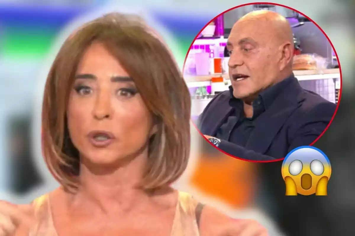 María Patiño parlant en un programa de televisió amb Kiko Matamoros en un requadre circular a la cantonada superior dreta i un emoji sorprès a la part inferior.