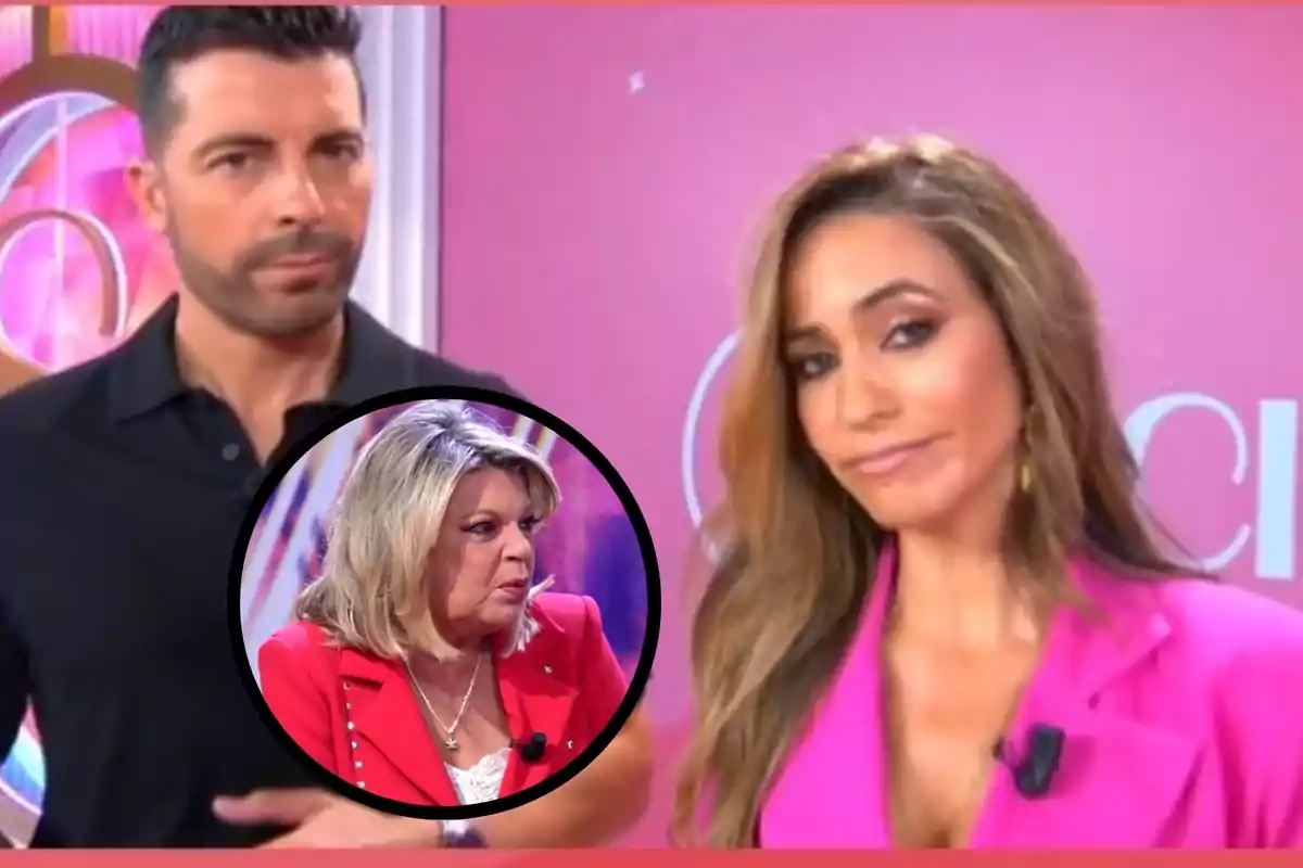 Montage with Antonio Santana and María Verdoy, with serious expressions, and Terelu Campos inside a black circle