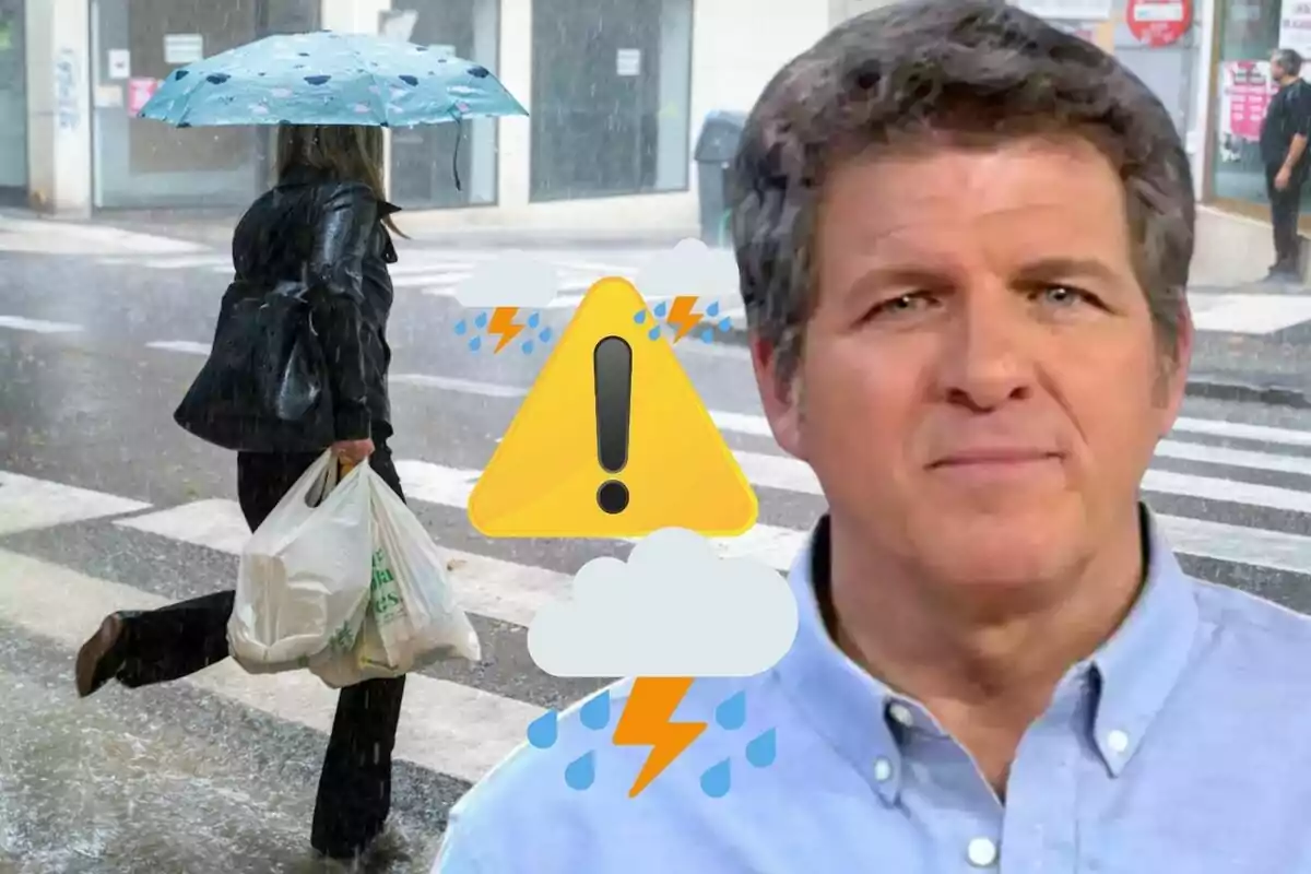 Una persona camina bajo la lluvia con un paraguas azul mientras lleva bolsas de compras y un gráfico de advertencia de tormenta aparece superpuesto junto a un hombre.