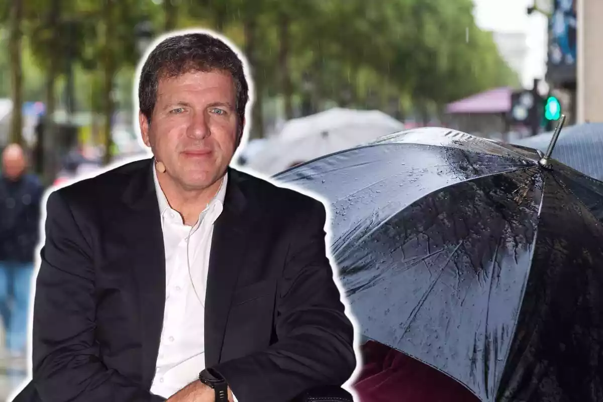 Muntatge d'un paisatge plovent i la imatge de Mario Picazo a l'esquerra