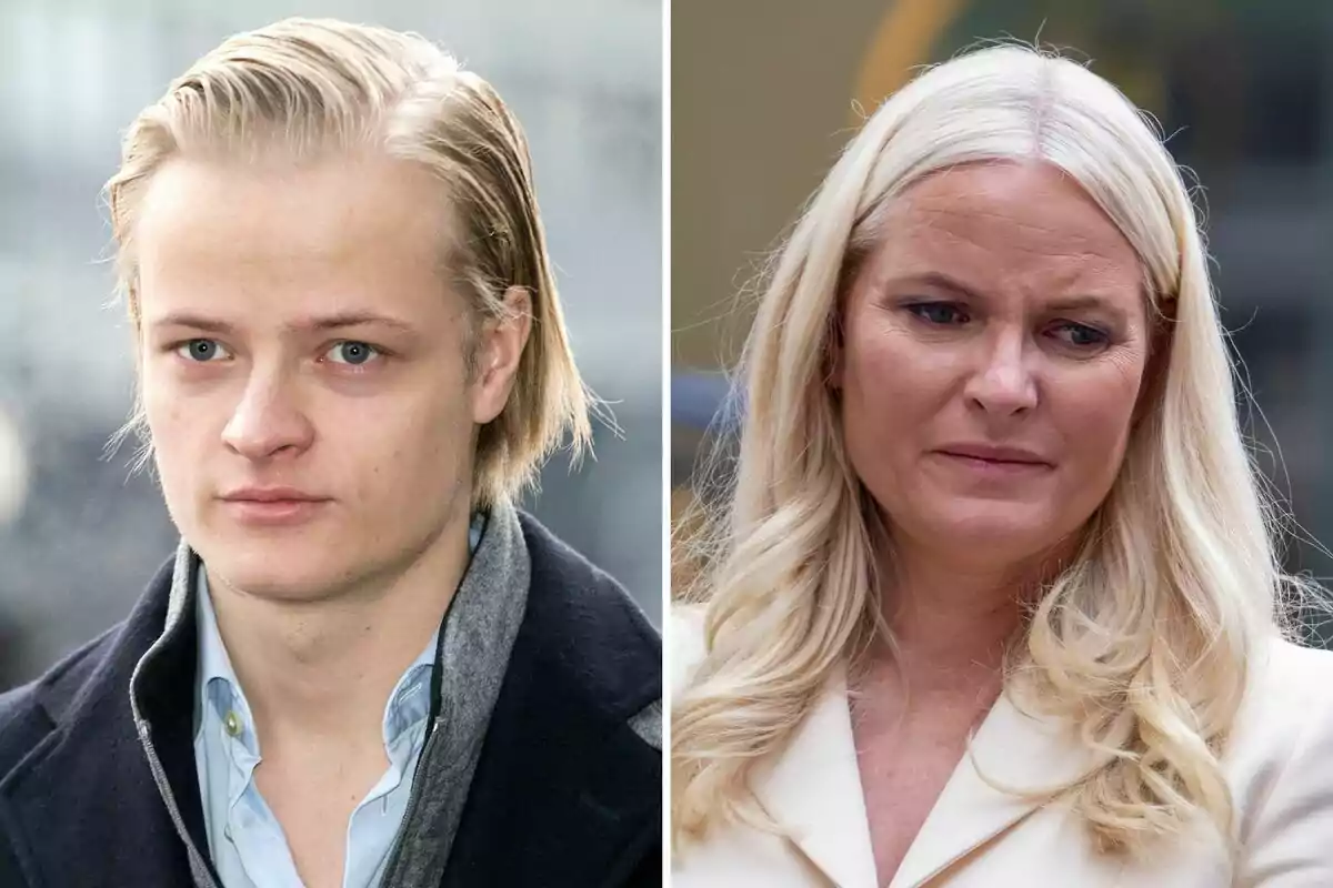 Marius Borg and Mette-Marit appear in a montage of two portraits, both with serious expressions. Marius Borg and Mette-Marit appear in a montage of two portraits, both with serious expressions.