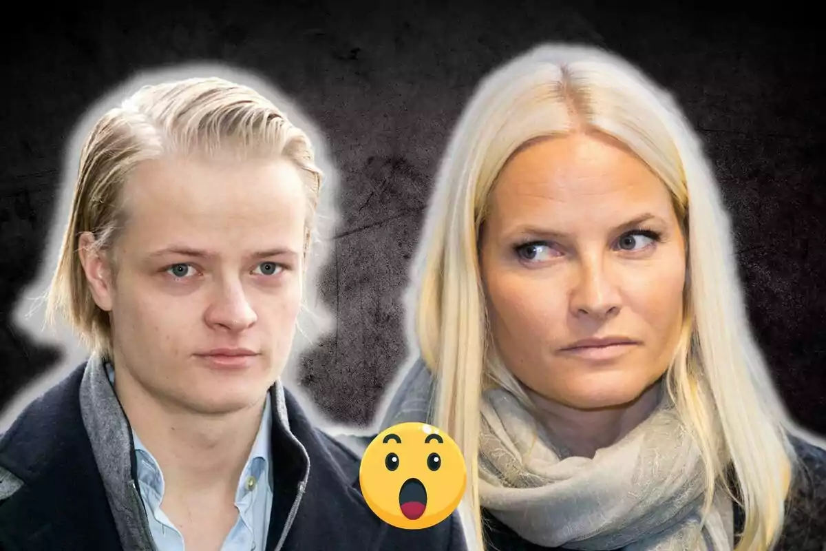 Marius Borg and Mette-Marit with serious expressions and a surprised emoji in the center on a dark background.