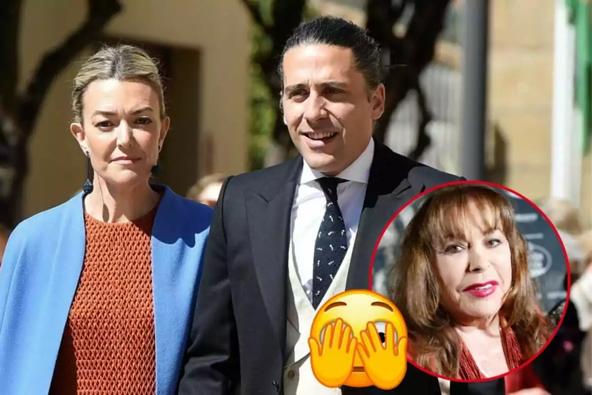 Marta Ortega i Carlos Torretta caminant a l'aire lliure amb Massiel en un cercle vermell a la cantonada inferior dreta i un emoji de mans cobrint la cara.