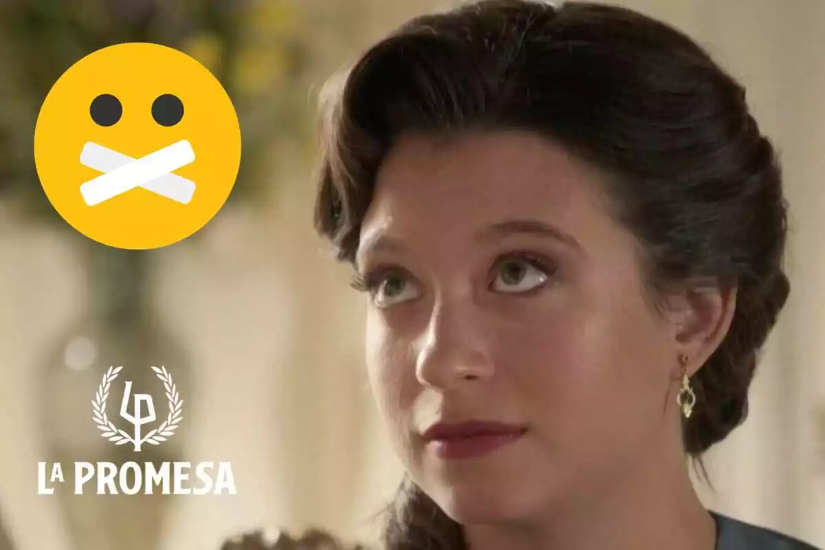 Muntatge amb un primer pla de Martina a 'La Promesa', un emoji amb la boca tapada i el logo de la sèrie