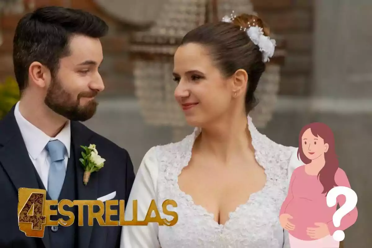 Muntatge de '4 estrelles' amb Martínez mirant Menchu vestits de Novios, el logo de la seriosa i una embarassada al costat d'un interrogant