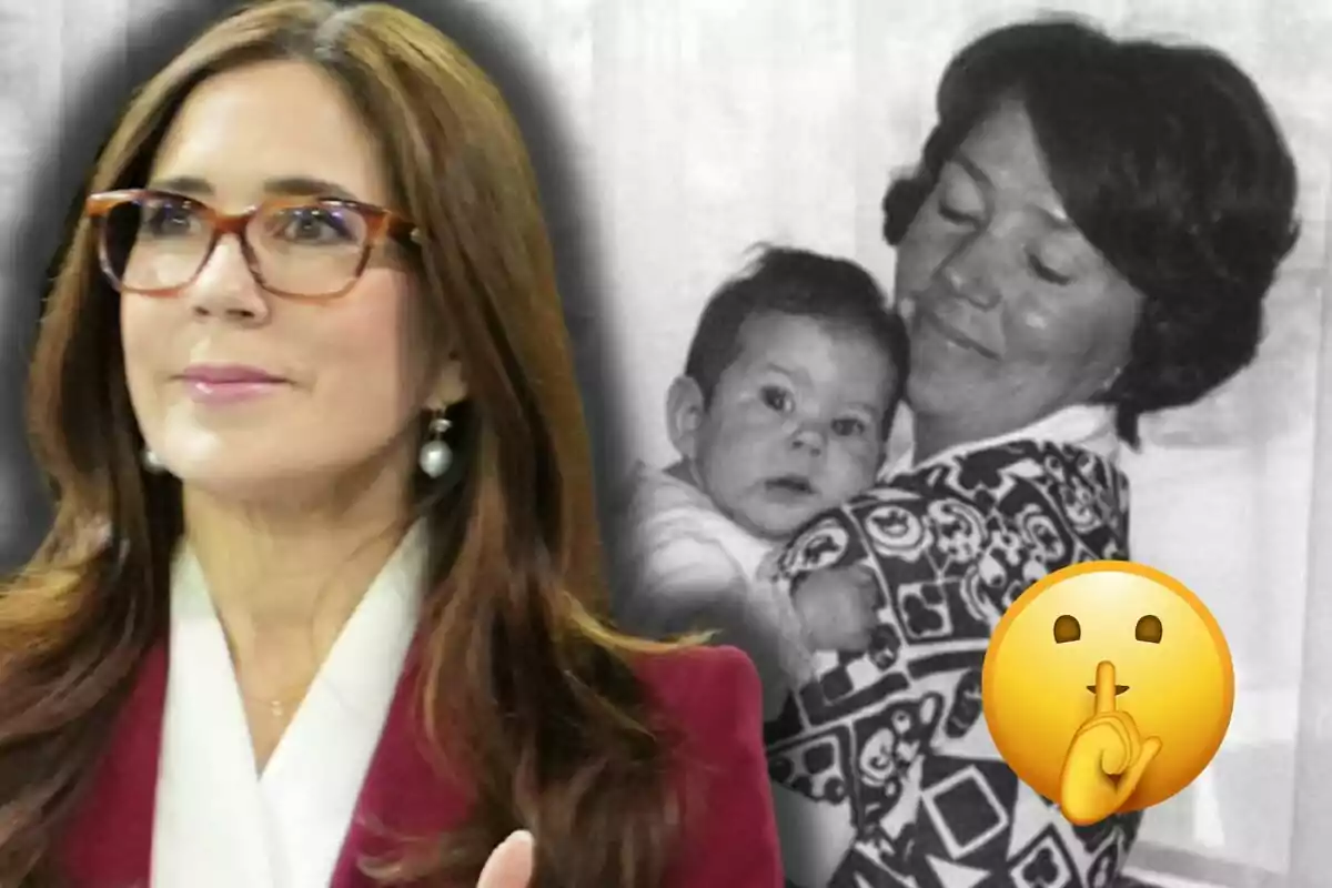 Mary de Dinamarca amb ulleres i cabell castany apareix en primer pla mentre al fons es veu una foto en blanc i negre d'Henrietta Clark Donaldson sostenint un nadó al costat d'un emoji de silenci.