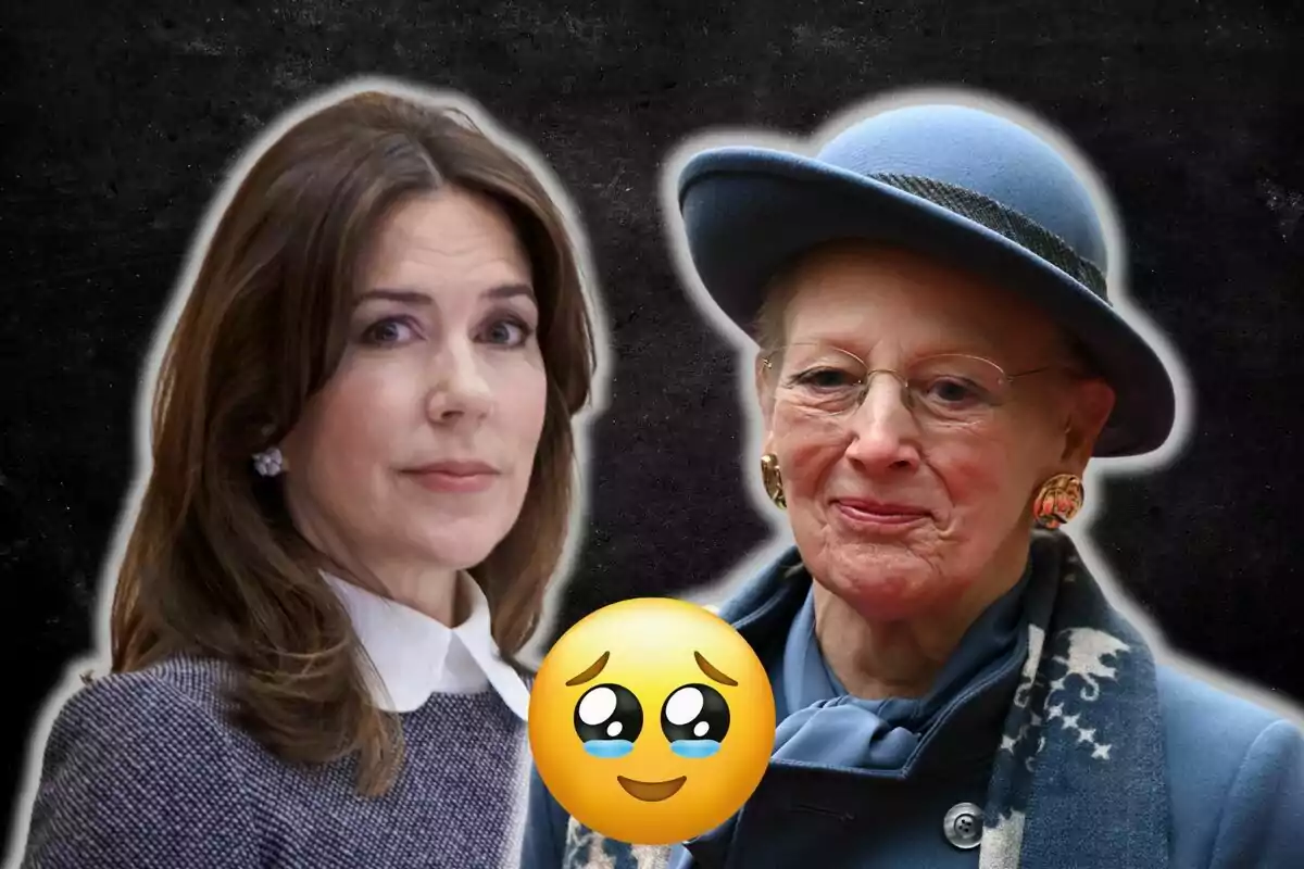 Mary i Margarita de Dinamarca posen juntes davant d'un fons fosc amb un emoji de carona plorosa entre elles.