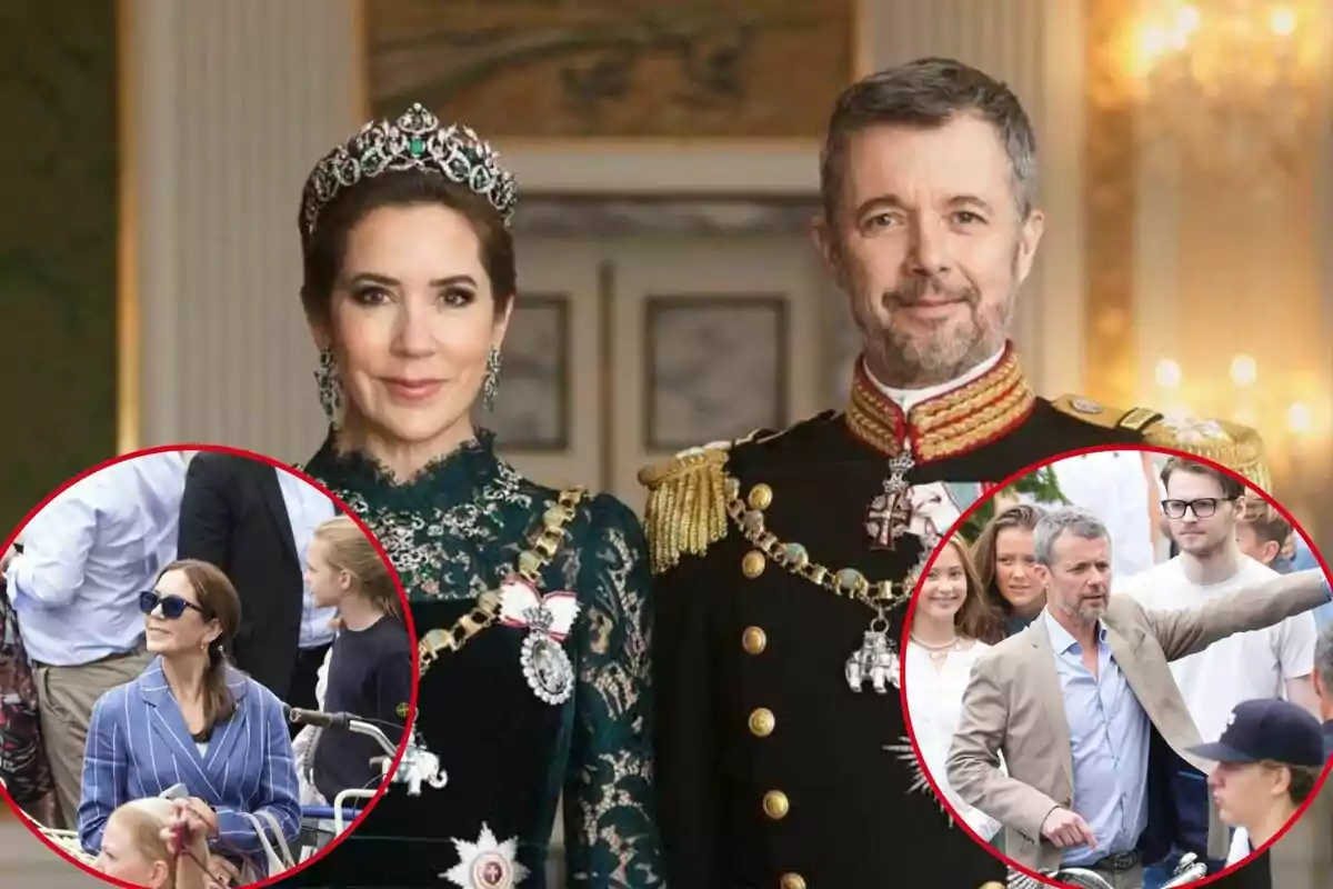Mary i Federico de Dinamarca vestida amb vestits formals i adorns reals, amb dues imatges circulars superposades a la part inferior que mostren moments casuals de la seva vida. Mary i Federico de Dinamarca vestida amb vestits formals i adorns reals, amb dues imatges circulars superposades a la part inferior que mostren moments casuals de la seva vida.