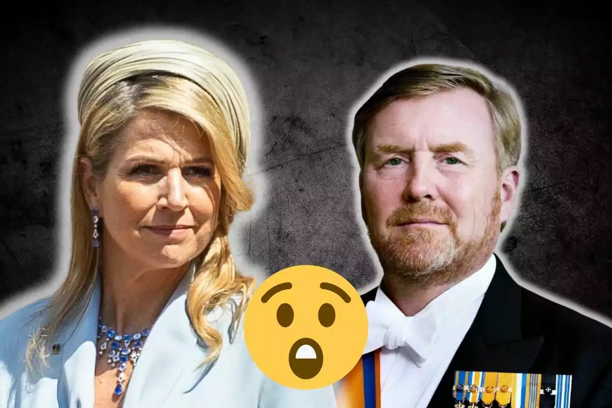 Máxima de Holanda elegantemente vestida y Guillermo de Holanda con traje de gala aparecen juntos sobre un fondo oscuro con un emoji de sorpresa en el centro