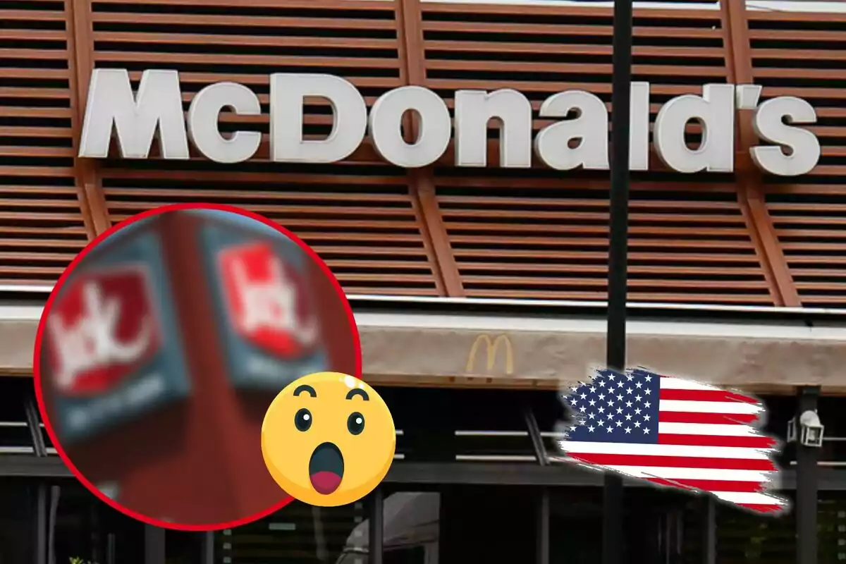 A McDonald's sign with a circle showing a blurry logo and a surprised emoji next to a United States flag.