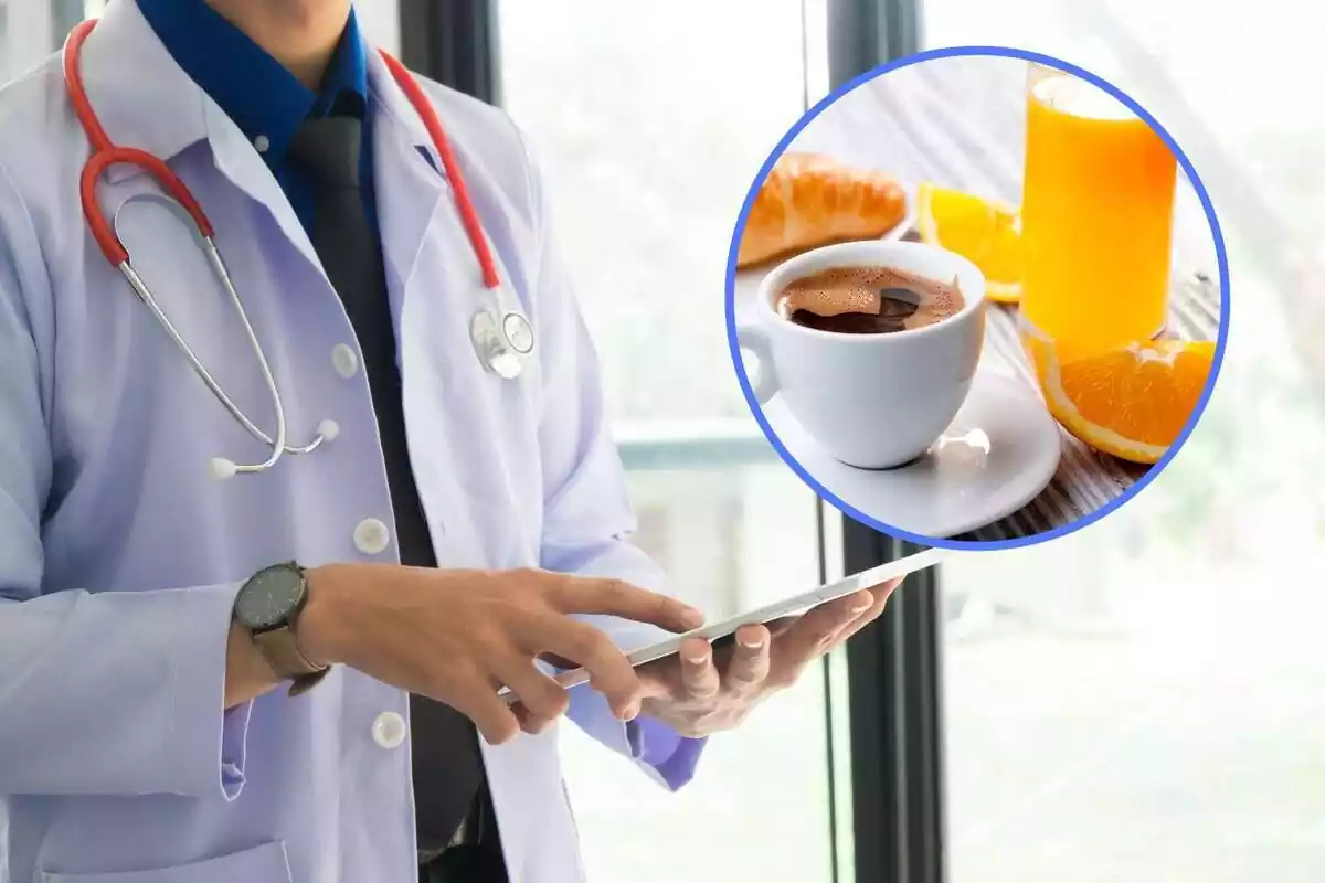 Muntatge amb la imatge d'un metge al costat de la foto d'un esmorzar amb cafè, suc i croissants