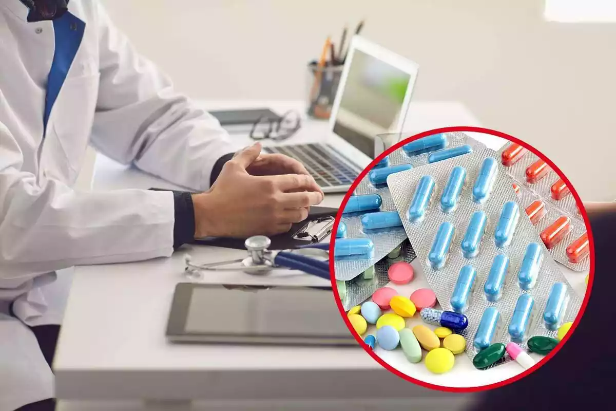 Muntatge amb un metge assegut amb les mans damunt la taula i un cercle amb diversos medicaments