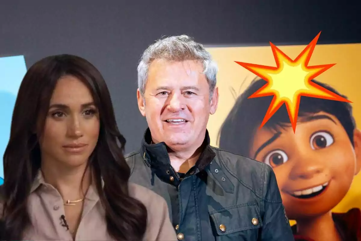 Meghan Markle i Miki Nadal posant al davant un fons amb un personatge animat i un gràfic d'explosió.