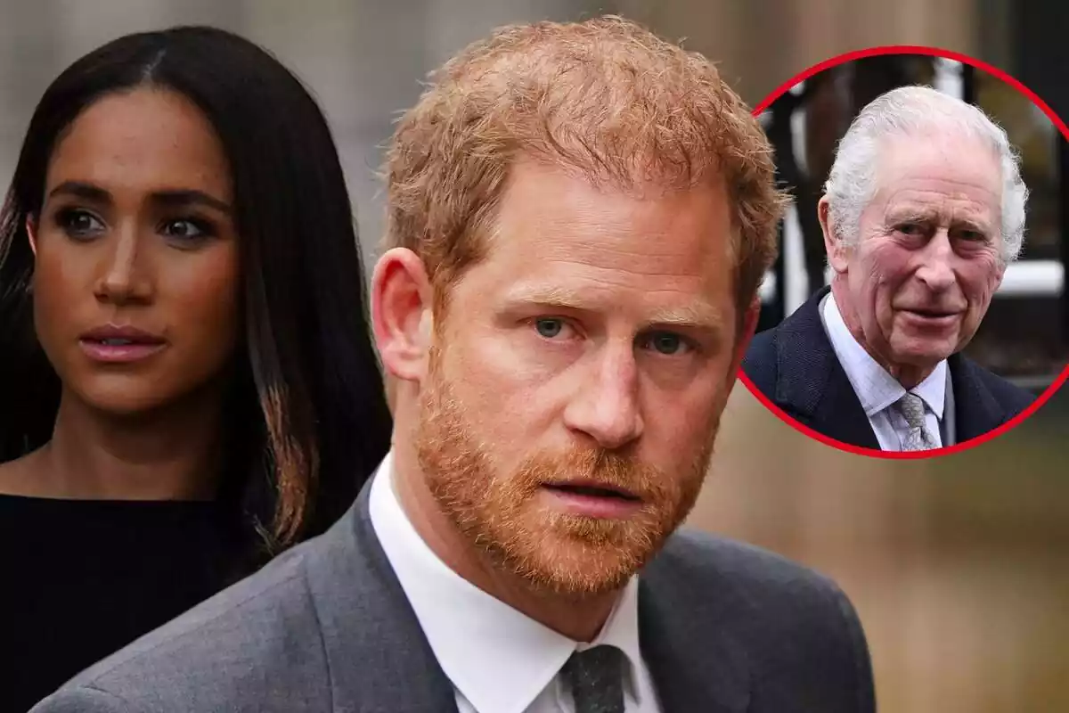 Muntatge de Meghan Markle seria vestida de negre, el príncep Enric seriós amb corbata i Carles III somrient