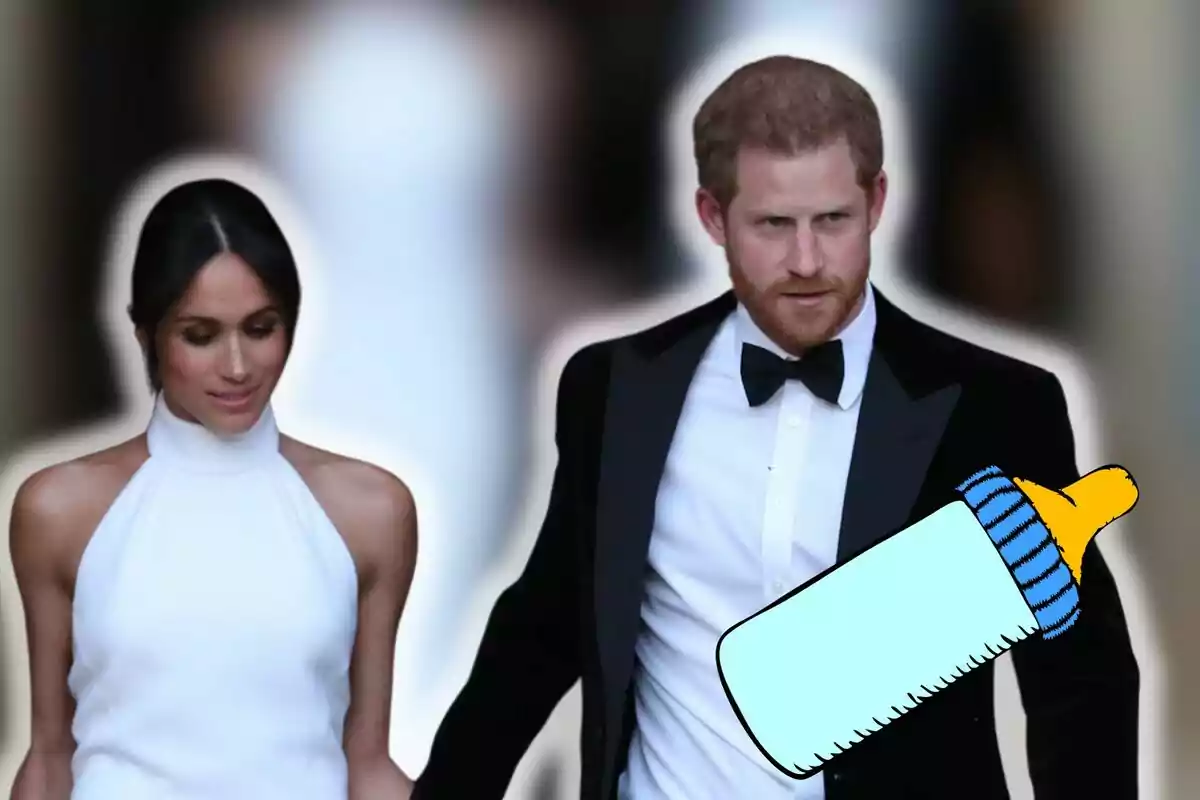 An elegantly dressed Meghan Markle and Prince Harry walk together as an illustration of a baby bottle is superimposed on the image.