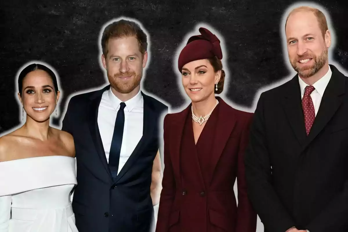 Meghan Markle, els prínceps Harry i Guillem i Kate Middleton posant elegantment vestits davant d'un fons fosc.