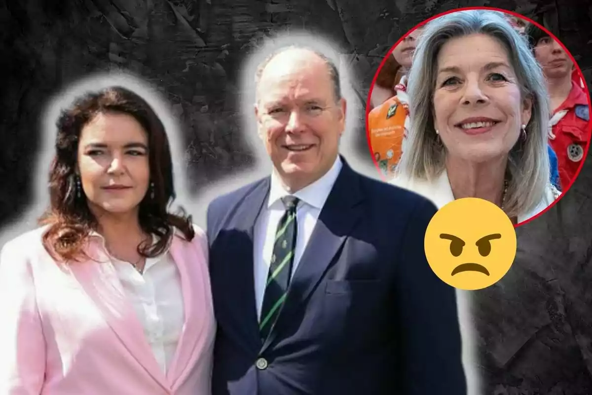 Melanie-Antoinette de Massy i Albert de Mònaco posen per a la càmera amb Carolina de Mònaco en un cercle vermell al fons i un emoji de cara enfadada superposat.