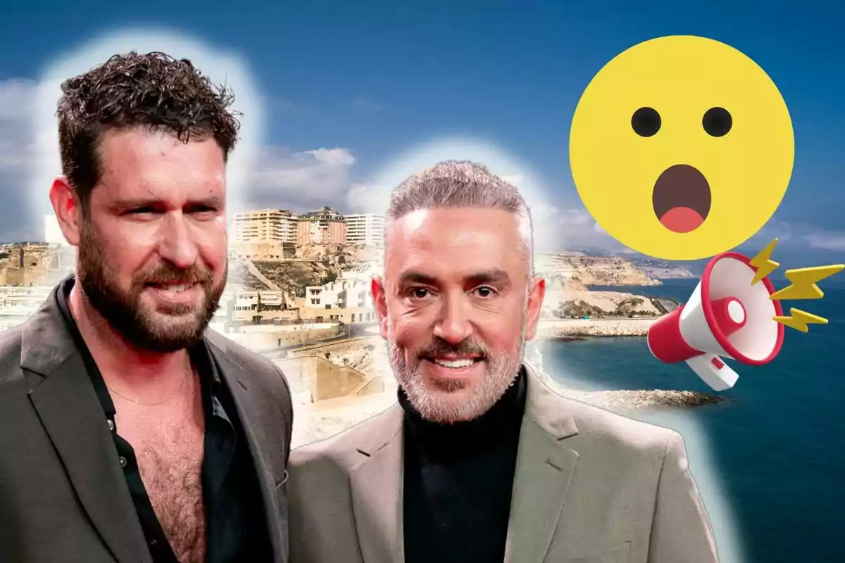 Fran Antón i Kiko Hernández amb fons de paisatge costaner i emojis de sorpresa i megàfon.