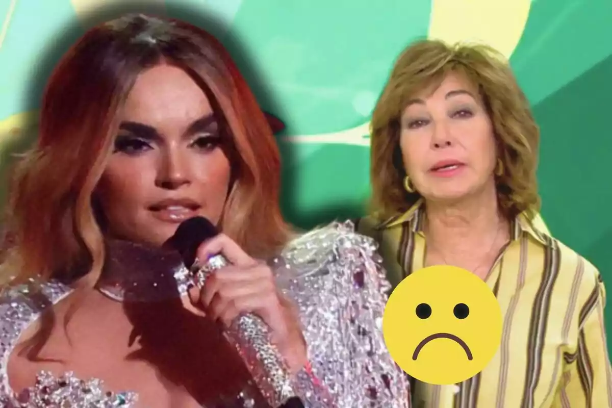 Melody i Ana Rosa Quintana en un muntatge amb fons verd, una d'elles sosté un micròfon i porta un vestit brillant, mentre que l'altra té una expressió seriosa i hi ha un emoji trist superposat.